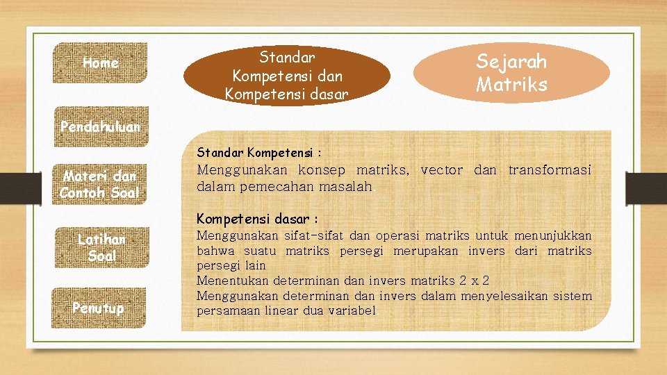 Home Standar Kompetensi dan Kompetensi dasar Sejarah Matriks Pendahuluan Standar Kompetensi : Materi dan