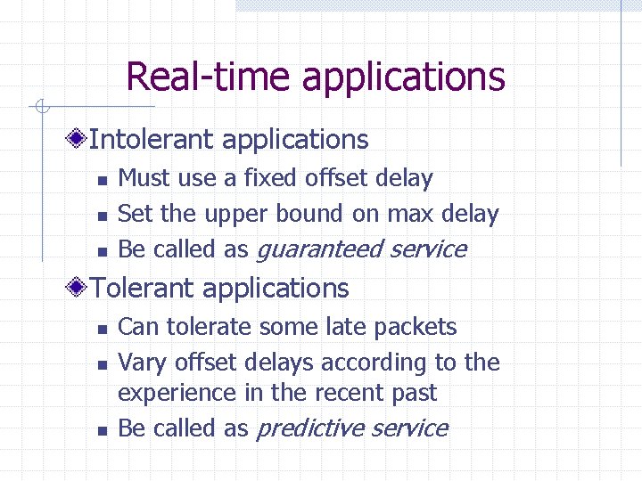 Real-time applications Intolerant applications n n n Must use a fixed offset delay Set Real-time applications Intolerant applications n n n Must use a fixed offset delay Set