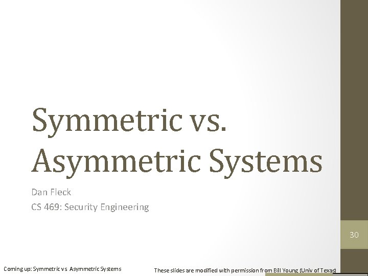 Symmetric vs. Asymmetric Systems Dan Fleck CS 469: Security Engineering 30 29 Coming up: Symmetric vs. Asymmetric Systems Dan Fleck CS 469: Security Engineering 30 29 Coming up: