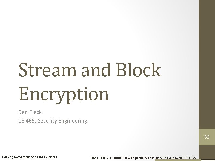 Stream and Block Encryption Dan Fleck CS 469: Security Engineering 35 34 Coming up: Stream and Block Encryption Dan Fleck CS 469: Security Engineering 35 34 Coming up: