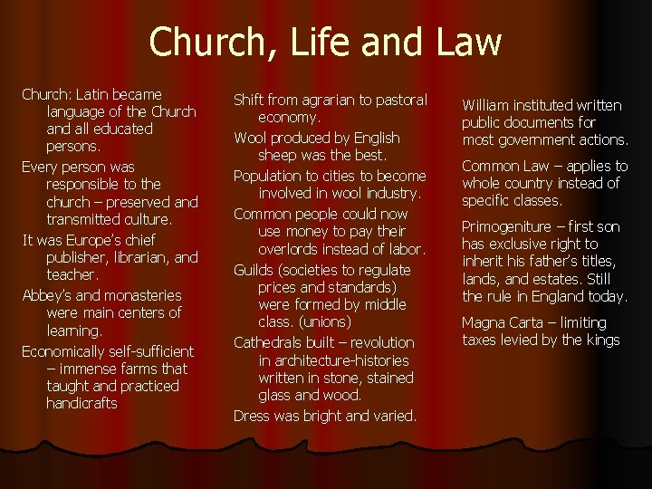 Church, Life and Law Church: Latin became language of the Church and all educated