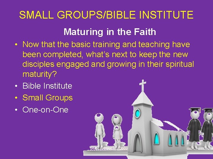 SMALL GROUPS/BIBLE INSTITUTE Maturing in the Faith • Now that the basic training and
