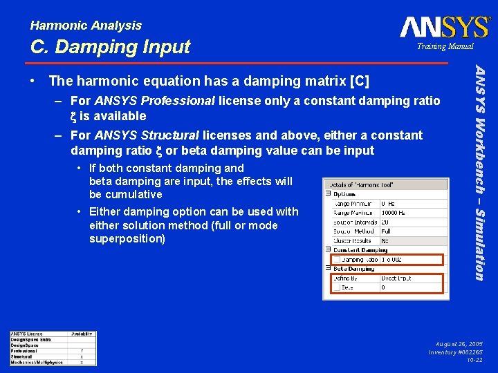 Harmonic Analysis C. Damping Input Training Manual – For ANSYS Professional license only a