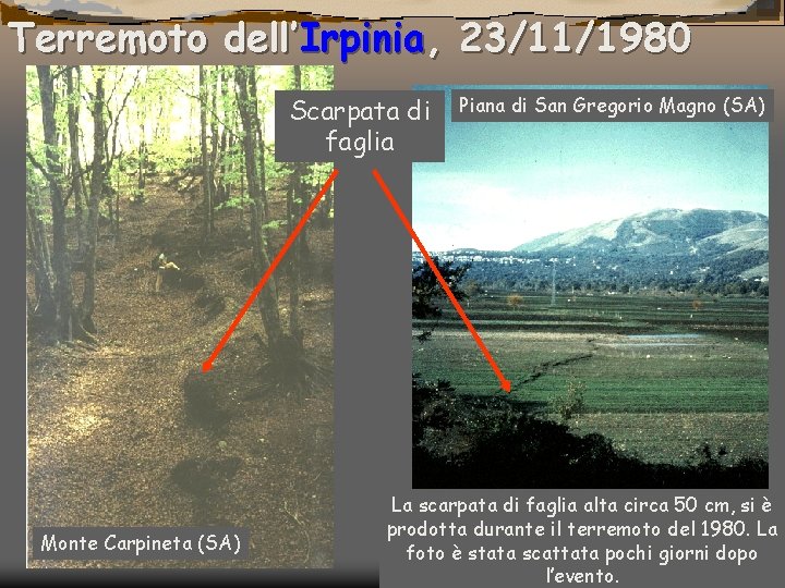Terremoto dell’Irpinia, 23/11/1980 Scarpata di faglia Monte Carpineta (SA) Piana di San Gregorio Magno