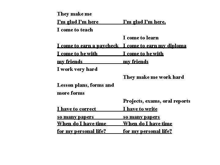 They make me I'm glad I'm here I come to teach I'm glad I'm They make me I'm glad I'm here I come to teach I'm glad I'm