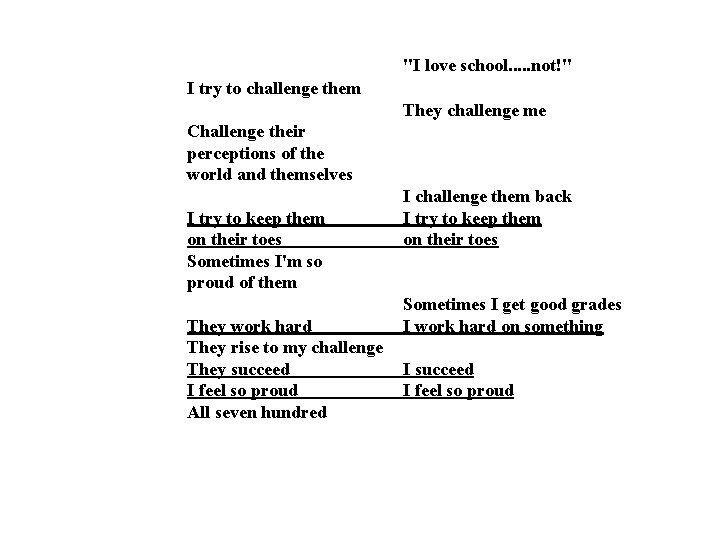 "I love school. . . not!" I try to challenge them They challenge me "I love school. . . not!" I try to challenge them They challenge me