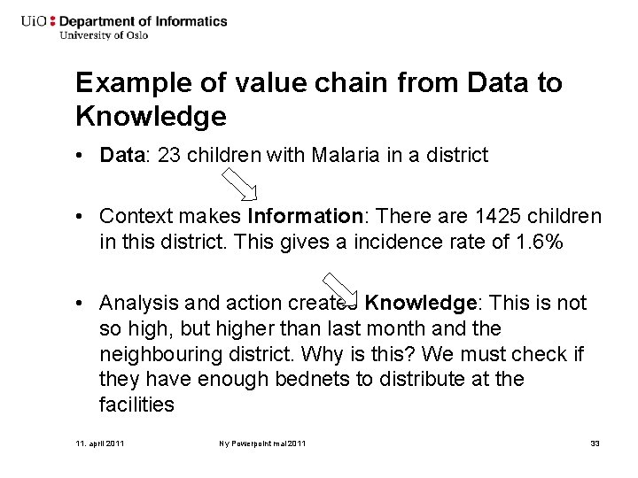 Example of value chain from Data to Knowledge • Data: 23 children with Malaria