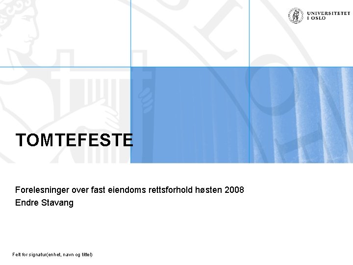 TOMTEFESTE Forelesninger over fast eiendoms rettsforhold høsten 2008 Endre Stavang Felt for signatur(enhet, navn