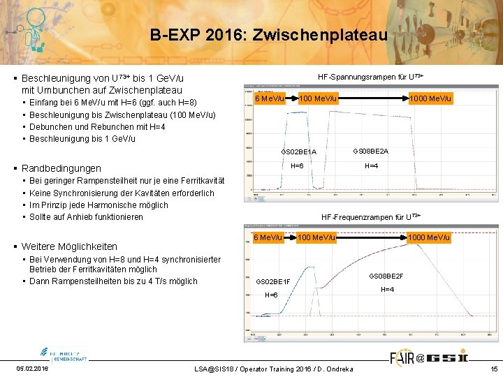 B-EXP 2016: Zwischenplateau § Beschleunigung von U 73+ bis 1 Ge. V/u mit Umbunchen