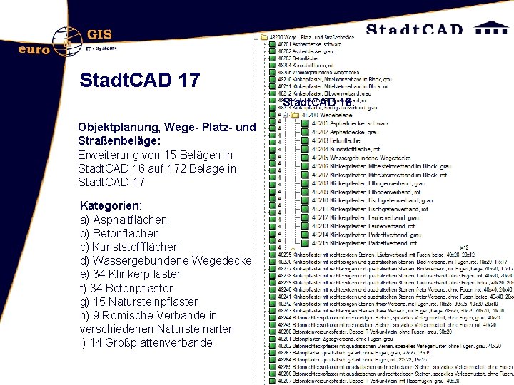 Stadt. CAD 17: 16: Objektplanung, Wege- Platz- und Straßenbeläge: Erweiterung von 15 Belägen in