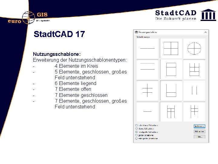 Stadt. CAD 17 Nutzungsschablone: Erweiterung der Nutzungsschablonentypen: 4 Elemente im Kreis 5 Elemente, geschlossen,