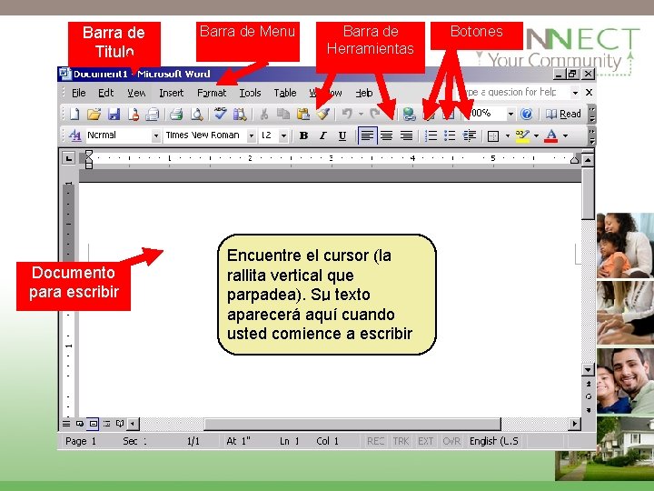 Barra de Titulo Documento para escribir Barra de Menu Barra de Herramientas Encuentre el