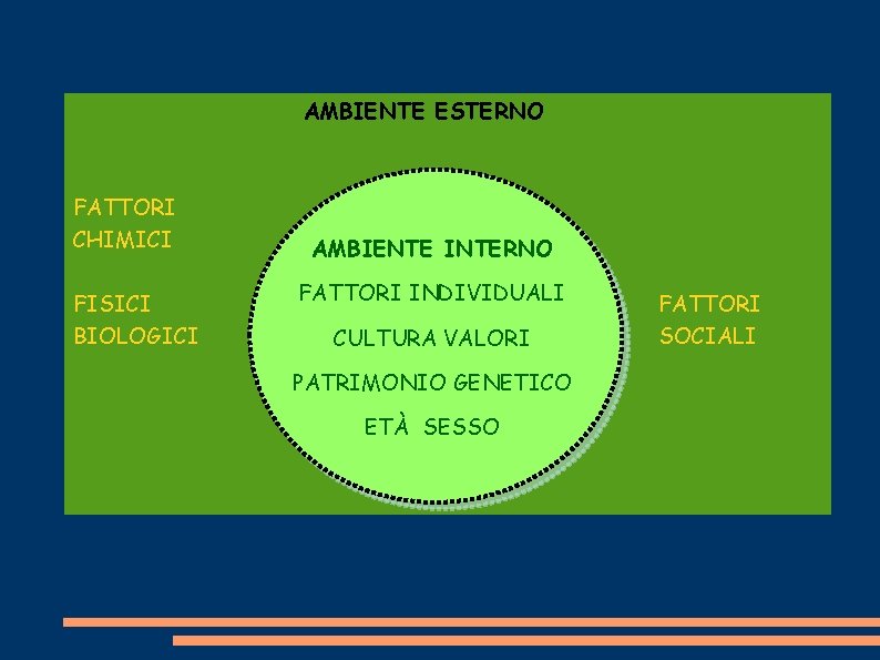 AMBIENTE ESTERNO FATTORI CHIMICI FISICI BIOLOGICI AMBIENTE INTERNO FATTORI INDIVIDUALI CULTURA VALORI PATRIMONIO GENETICO