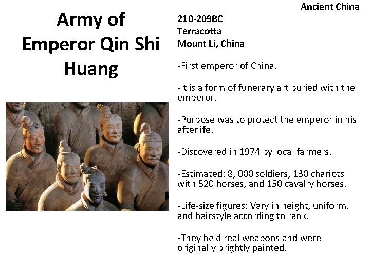 Army of Emperor Qin Shi Huang 210 -209 BC Terracotta Mount Li, China Ancient