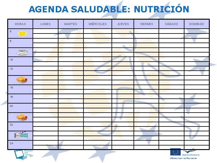 AGENDA SALUDABLE: NUTRICIÓN HORAS 6 8 10 12 16 18 20 22 24 LUNES