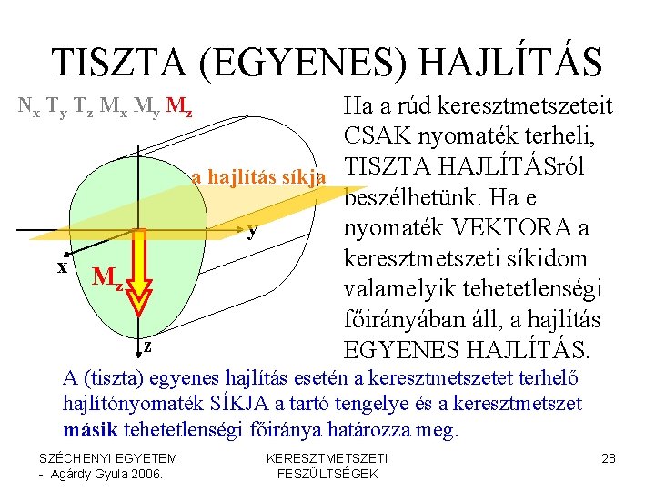 TISZTA (EGYENES) HAJLÍTÁS Ha a rúd keresztmetszeteit CSAK nyomaték terheli, a hajlítás síkja TISZTA TISZTA (EGYENES) HAJLÍTÁS Ha a rúd keresztmetszeteit CSAK nyomaték terheli, a hajlítás síkja TISZTA