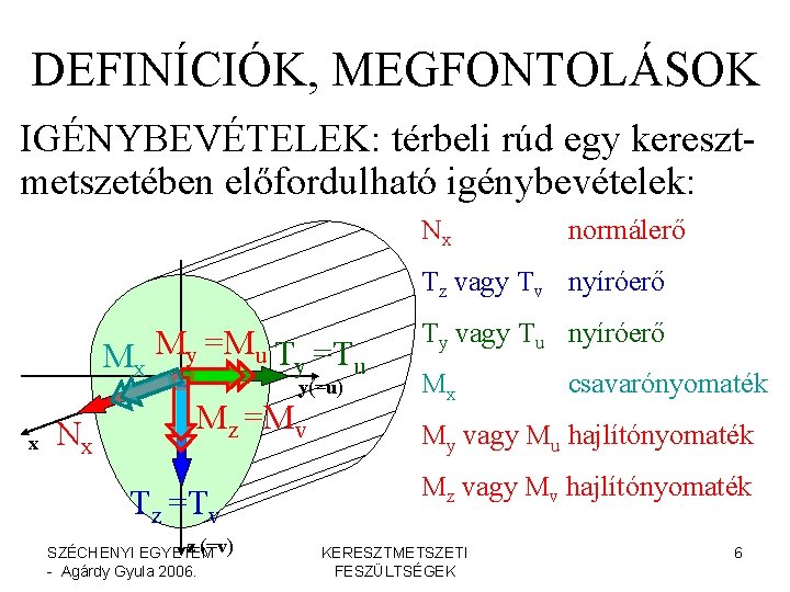 DEFINÍCIÓK, MEGFONTOLÁSOK IGÉNYBEVÉTELEK: térbeli rúd egy keresztmetszetében előfordulható igénybevételek: Nx normálerő Tz vagy Tv