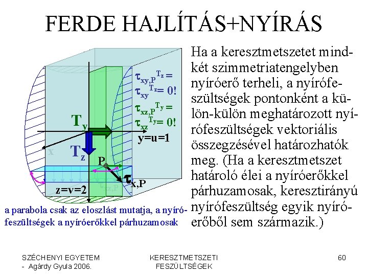 FERDE HAJLÍTÁS+NYÍRÁS Ha a keresztmetszetet mindkét szimmetriatengelyben txy, PTz = nyíróerő terheli, a nyírófe.