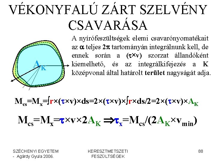 VÉKONYFALÚ ZÁRT SZELVÉNY CSAVARÁSA AK A nyírófeszültségek elemi csavarónyomatékait az a teljes 2 p