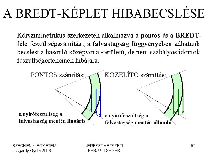A BREDT-KÉPLET HIBABECSLÉSE Körszimmetrikus szerkezeten alkalmazva a pontos és a BREDTféle feszültségszámítást, a falvastagság