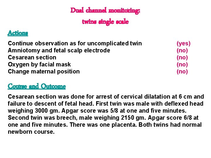 Actions Dual channel monitoring: twins single scale Continue observation as for uncomplicated twin Amniotomy Actions Dual channel monitoring: twins single scale Continue observation as for uncomplicated twin Amniotomy