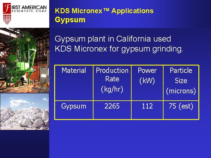KDS Micronex™ Applications Gypsum plant in California used KDS Micronex for gypsum grinding. Material KDS Micronex™ Applications Gypsum plant in California used KDS Micronex for gypsum grinding. Material