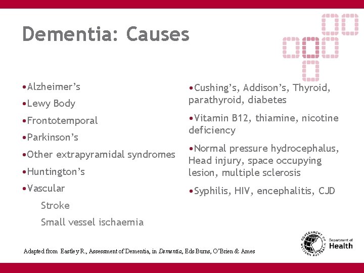 Dementia: Causes • Alzheimer’s • Lewy Body • Frontotemporal • Parkinson’s • Cushing’s, Addison’s,