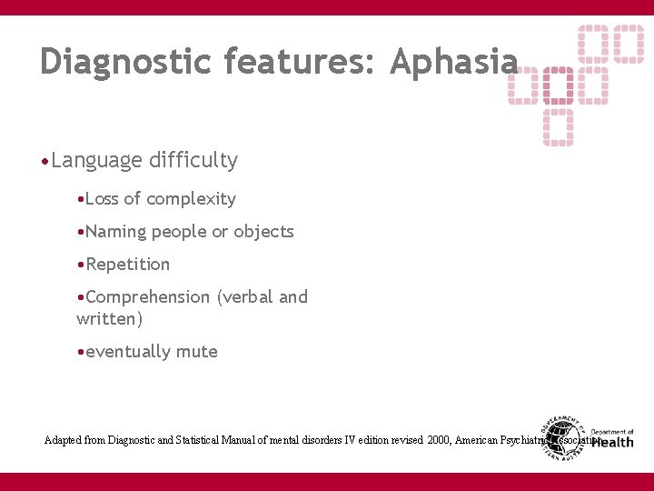 Diagnostic features: Aphasia • Language difficulty • Loss of complexity • Naming people or