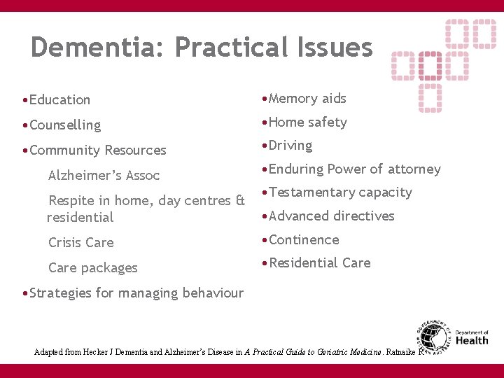 Dementia: Practical Issues • Education • Memory aids • Counselling • Home safety •