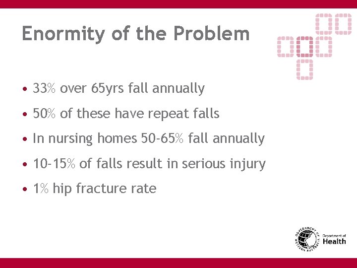 Enormity of the Problem • 33% over 65 yrs fall annually • 50% of