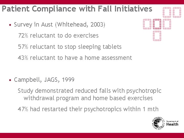 Patient Compliance with Fall Initiatives • Survey in Aust (Whitehead, 2003) 72% reluctant to