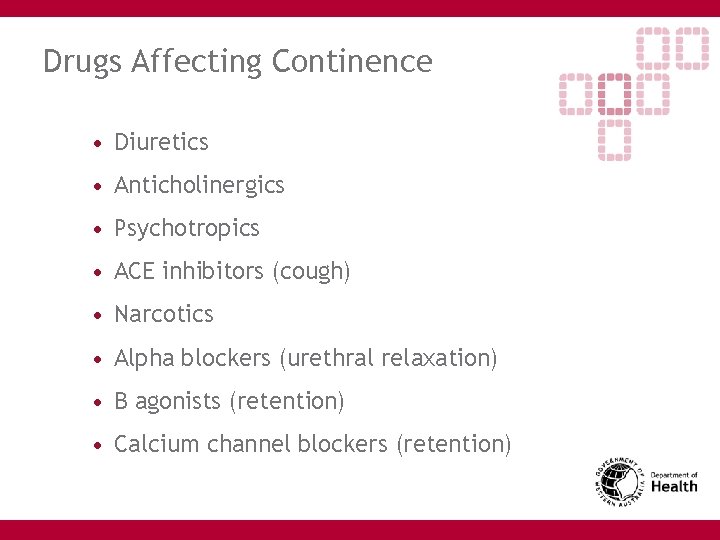 Drugs Affecting Continence • Diuretics • Anticholinergics • Psychotropics • ACE inhibitors (cough) •