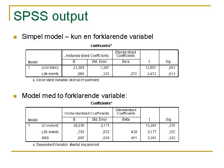 SPSS output n Simpel model – kun en forklarende variabel n Model med to SPSS output n Simpel model – kun en forklarende variabel n Model med to