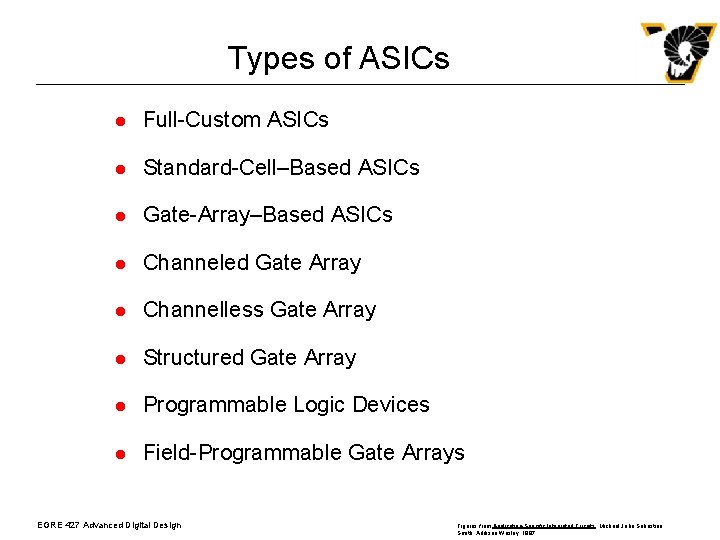 Types of ASICs l Full-Custom ASICs l Standard-Cell–Based ASICs l Gate-Array–Based ASICs l Channeled