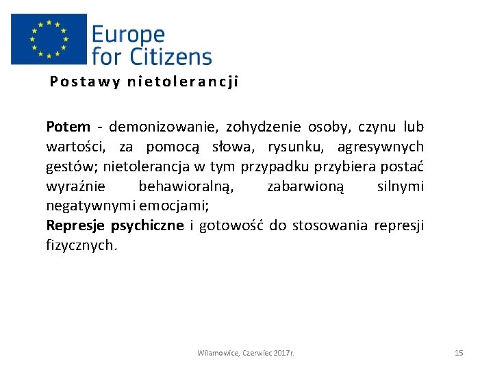 Postawy nietolerancji Potem - demonizowanie, zohydzenie osoby, czynu lub wartości, za pomocą słowa, rysunku,