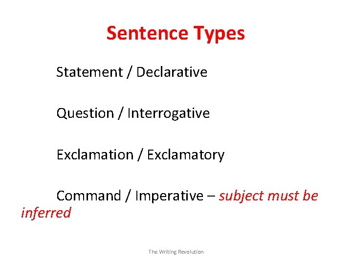 Sentence Types Statement / Declarative Question / Interrogative Exclamation / Exclamatory Command / Imperative