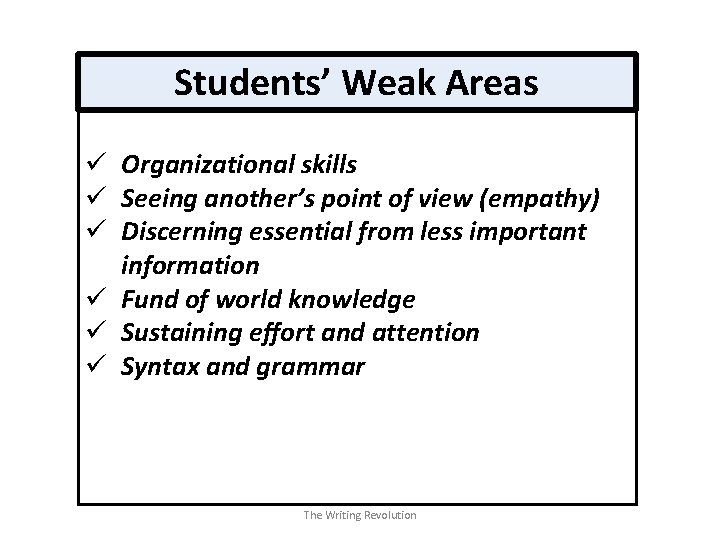 Students’ Weak Areas ü Organizational skills ü Seeing another’s point of view (empathy) ü