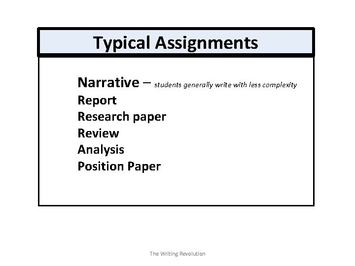 Typical Assignments Narrative – students generally write with less complexity Report Research paper Review