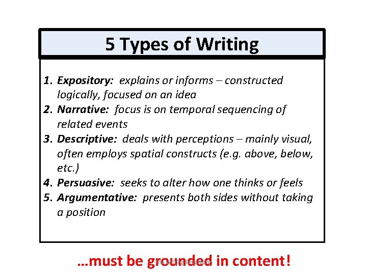 5 Types of Writing 1. Expository: explains or informs – constructed logically, focused on