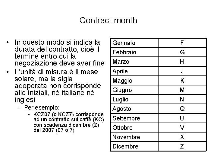 Contract month • In questo modo si indica la durata del contratto, cioè il