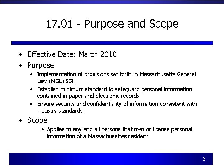 17. 01 - Purpose and Scope • Effective Date: March 2010 • Purpose • 17. 01 - Purpose and Scope • Effective Date: March 2010 • Purpose •