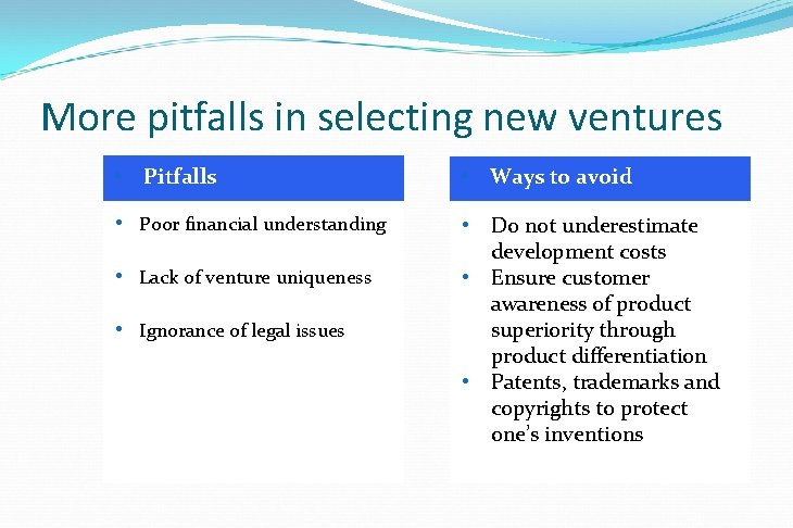 More pitfalls in selecting new ventures • Pitfalls • Ways to avoid • Poor