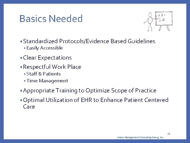 Basics Needed • Standardized Protocols/Evidence Based Guidelines • Easily Accessible • Clear Expectations • Basics Needed • Standardized Protocols/Evidence Based Guidelines • Easily Accessible • Clear Expectations •