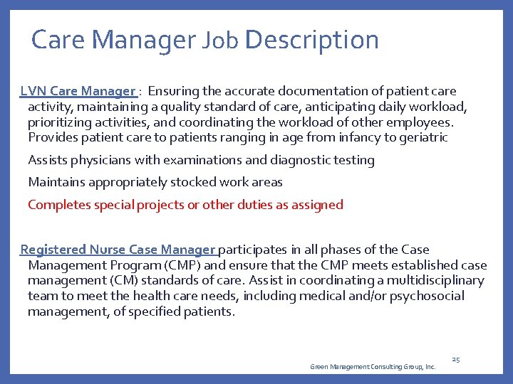 Care Manager Job Description LVN Care Manager : Ensuring the accurate documentation of patient Care Manager Job Description LVN Care Manager : Ensuring the accurate documentation of patient
