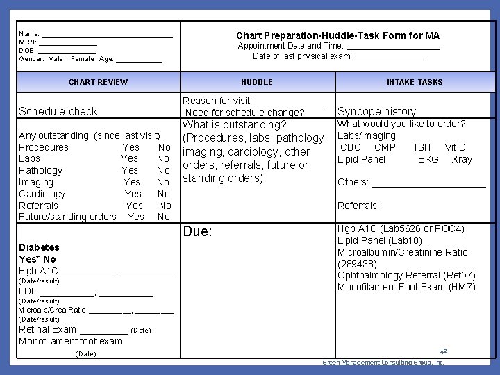 Name: _________________ MRN: ________ DOB: ________ Gender: Male Female Age: ______ Chart Preparation-Huddle-Task Form Name: _________________ MRN: ________ DOB: ________ Gender: Male Female Age: ______ Chart Preparation-Huddle-Task Form