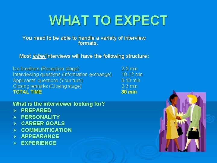WHAT TO EXPECT You need to be able to handle a variety of interview