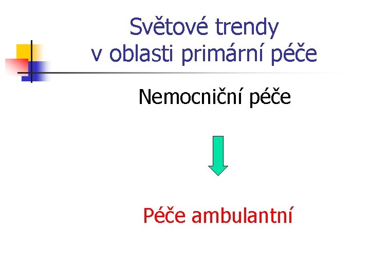 Světové trendy v oblasti primární péče Nemocniční péče Péče ambulantní 