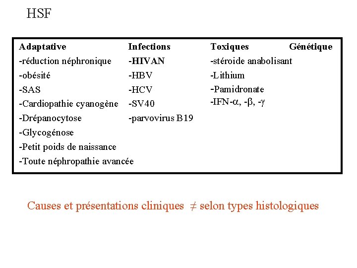 HSF Adaptative Infections -réduction néphronique -HIVAN -obésité -HBV -SAS -HCV -Cardiopathie cyanogène -SV 40 HSF Adaptative Infections -réduction néphronique -HIVAN -obésité -HBV -SAS -HCV -Cardiopathie cyanogène -SV 40