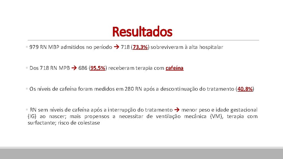 Resultados § 979 RN MBP admitidos no período 718 (73, 3%) sobreviveram à alta