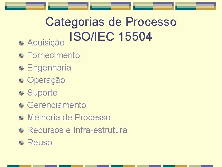 Categorias de Processo ISO/IEC 15504 Aquisição Fornecimento Engenharia Operação Suporte Gerenciamento Melhoria de Processo